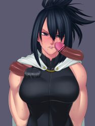 angry asian asian_female bar_censor beauty_mark black_hair brown_eyes censored clothed dick female light-skinned_female light_skin long_hair looking_at_viewer mature mature_female milf mole mole_under_mouth mother muscular muscular_male my_hero_academia nana_shimura penis_on_face taimanin_tauko