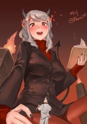 blush demon_girl giantess heart-shaped_pupils hearts_around_head helltaker helltaker_(character) kkasi00 macro modeus_(helltaker) office_lady open_mouth pantyhose size_difference stockings