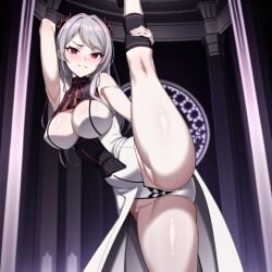 ai_generated artist_request big_breasts blush breasts female female_only goth grabbing_leg light-skinned_female light_skin looking_at_viewer overlord_(maruyama) pale-skinned_female pale_skin red_eyes shalltear_bloodfallen solo solo_female split standing standing_split white_hair
