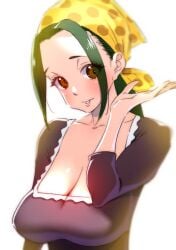 1girls bandana big_breasts blush brown_eyes cleavage dark_green_hair female female_only green_hair kerchief long_hair looking_at_viewer low_ponytail makino milf one_piece ponytail sagging_breasts smile solo upper_body