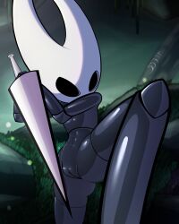 4:5 blurred_background detailed_background featureless_chest female flat_chested genitals glistening glistening_body hi_res holding_object holding_weapon hollow_knight hornet_(hollow_knight) humanoid jellli kneeling looking_at_viewer low-angle_view nude pussy shaded solo team_cherry threatening_viewer weapon