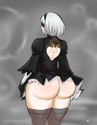 1girls ass big_ass big_butt blindfold butt clothing female female_only franktonius hairband huge_ass light-skinned_female light_skin nier nier:_automata nier_(series) rear_view short_hair solo standing thick_thighs thighhighs white_hair yorha_2b