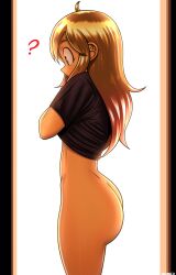 1girls ? ass big_ass black_shirt blue_eyes bottomless brown_hair deadmannart freckles long_hair original_character shirt