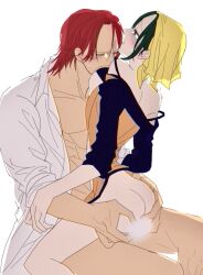 1boy 1girls ambiguous_penetration ass_grab bandana blush bottomless bra bra_lift censored closed_eyes female hands_on_ass kerchief makino male may_(pixiv) off_shoulder one_piece open_shirt shanks short_hair sitting_on_lap sitting_on_person sleeves_rolled_up sweatdrop