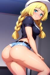 ai_generated belt big_ass blonde_hair blue_eyes blue_shirt blush busty covered_nipples curvy denim_shorts female female_only hi_res highres indoors lillie_(pokemon) looking_at_viewer pokemon pokemon_sm pokemon_trainer seraphim_ai shiny_clothes short_shorts side_view small_breasts smile solo stable_diffusion standing taut_shirt thick_thighs thighs twintails