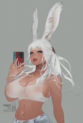 belly_button big_breasts blue_eyes cleavage crop_top final_fantasy final_fantasy_xiv kiguryu kirsi_kellans large_breasts long_hair long_white_hair nipples_visible_through_clothing red_lipstick see-through see-through_clothing selfie small_shirt solo solo_female viera white_hair