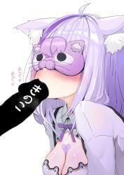 1boy animal_ear_fluff animal_ears blush breasts cat_ears cat_girl censored cleavage erection fellatio female heart_on_chest highres hololive hololive_gamers hololive_japan kajimakoto large_breasts medium_hair nekomata_okayu nekomata_okayu_(6th_costume) oral penis purple_hair shirt straight virtual_youtuber white_shirt