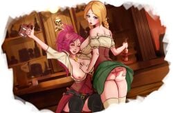 2girls ass_grab bare_breasts barmaid beer_mug blonde_hair blue_eyes breasts_out fate/grand_order fate_(series) female female_only francis_drake_(fate) multiple_girls necklace nipples pink_hair redgrel scar scar_on_face tagme touching_breast