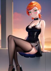 1girls aged_up ai_generated ben_10 black_dress blush cartoon_network collar dress erogeknight eyeliner female female_only green_eyes gwen_tennyson hairclip high_heels legwear necklace neckline no_panties orange_hair pantyhose sitting skinny skirt solo stable_diffusion sunset