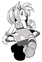 2023 amy_rose anthro anus ass boots bottomless bottomless_skirt breasts clothed clothing dress english_text eulipotyphlan female footwear genitals greyscale hair hedgehog hotred is_(artist) looking_at_viewer looking_back looking_back_at_viewer mammal monochrome no_panties pussy sega servedasis shoes simple_background smile smiling_at_viewer solo sonic_(series) sonic_the_hedgehog_(series) text upskirt