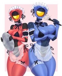 2girls bikini bra clothed clothing female female_only idler_r maid maid_bikini mirage_(ultrakill) revealing_clothes robot robot_girl rule_63 ultrakill v1_(ultrakill) v2_(ultrakill)