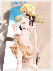 1girls absurd_res absurdres ass beach bikini bikini_bottom_removed black_bikini blonde_hair breasts butt_crack curvaceous curvy curvy_body curvy_female curvy_figure drill_hair female from_behind hair_ornament hairpin high_resolution highres human human_only looking_at_viewer looking_back mahou_shoujo_madoka_magica marutaya medium_breasts puella_magi_madoka_magica sarong sideboob solo swimsuit tomoe_mami twin_drills white_skin yellow_eyes