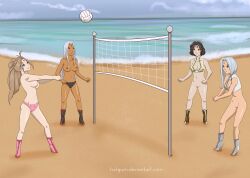 beach beach_volleyball belldandy bikini bikini_top bottomless hotgum lind lost_bet oh_my_goddess! peorth small_breasts stripping swimsuit topless topless_female urd