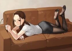 ass brown_eyes brown_hair couch earrings feet_up female female_only ganbare_douki-chan glasses_off glasses_removed highres looking_at_viewer lying_on_couch lying_on_stomach miru_tights no_shoes okuzumi_yuiko pantyhose skirt teacher white_topwear yomu_(sgt_epper)