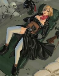 1girls artist_request astra_militarum blonde_hair blue_eyes death_korps_of_krieg guardswoman_(warhammer_40k) helmet helmet_removed imperial_guard imperium_of_man looking_at_viewer looking_up_at_viewer machine_gun military military_helmet military_uniform pinup tagme_(artist) touching_breast trench trench_coat trenchcoat warhammer_(franchise) warhammer_40k