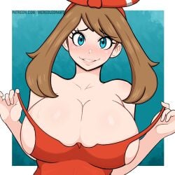 1girls big_breasts blue_eyes blush brown_hair cleavage embarrassed huge_breasts may_(pokemon) may_(pokemon_oras) mereoleonart pokemon pokemon_oras slight_smile undressing