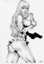 1girls 2010 ass big_ass birds_of_prey blackhawks dat_ass dc dc_comics fabio female female_only gun lady_blackhawk monochrome sketch skirt solo tagme weapon zinda_blake