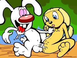 anthro brandy_and_mr._whiskers brandy_harrington canine disney disney_channel dog female fur furry genital_fluids male mammal mr._whiskers nipples penis pussy rabbit sex straight tagme testicles toon_disney