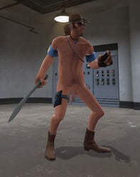 1boy 3d armbands fingerless_glove flaccid garry's_mod hat holding_weapon machete male male_only mosaic_censoring naked_footwear pointless_censoring rebbacus sniper solo team_fortress_2 thigh_strap tinted_eyewear