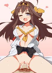 1girls 9law ahoge blush bottomless breasts brown_hair censored clothing cowgirl_position female female_on_top headgear heart japanese_clothes kantai_collection kongou_(kantai_collection) long_hair male male_pubic_hair open_clothes open_mouth penetration penis personification pointless_censoring pubic_hair purple_eyes pussy sex solo_focus spread_legs straddle vaginal_penetration wink