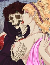 1boy1girl big_breasts blonde_hair canon_couple crown_of_thorns deity european_mythology greek_mythology hades_(mythology) licking licking_face mythology nightmare_husbando persephone public_domain skeleton