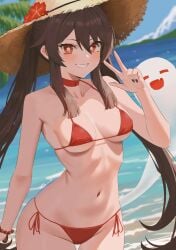 1girls beach bikini breasts choker genshin_impact ghost hat hips hu_tao_(genshin_impact) navel nvl peace_sign red_eyes side-tie_bikini small_breasts smile solo twintails wide_hips