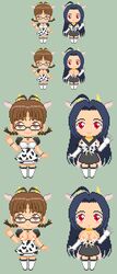 2girls azusa_miura breasts brown_hair cow_ears cow_horns cow_print glasses gray_background idolmaster maid_uniform multiple_girls pixel_art red_eyes ritsuko_akizuki sprite sprite_sheet