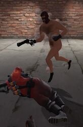 3d balaclava death game_screenshot garry's_mod holding_weapon human human_male human_only male male_only naked_footwear no_visible_genitalia pistol pyro pyro_(team_fortress_2) rebbacus running spy spy_(team_fortress_2) team_fortress_2 yaoi