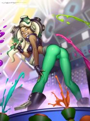 ass background beauty_mark bent_over black_hair breasts cameltoe color dark-skinned_female dark_skin electronics erotibot female female_only footwear green_hair handwear highres humanoid large_breasts legwear long_hair marina_(splatoon) microphone mole mole_under_mouth nintendo octoling public solo splatoon splatoon_2 stage standing tight_clothes uncensored