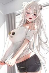 1girls animal_ears booty_shorts breasts fangs female hololive hololive_gen_5 hololive_japan huge_breasts kemonomimi lion_ears lion_girl long_hair naughty_face nerorigogo open_mouth shishiro_botan short_shorts shorts silver_eyes smile t-shirt virtual_youtuber white_hair