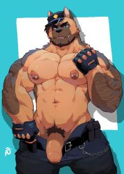 2021 abs absurd_res anthro ashendawger beard belt blake_(ashendawger) blue_background bottomwear canid canine canis chains clothed clothing domestic_dog facial_hair fingerless_gloves flirting_look foreskin genitals german_shepherd gloves handwear herding_dog hi_res male male_only mammal muscular muscular_anthro muscular_male navel nipple_piercing nipples open_bottomwear open_clothing open_pants pants pastoral_dog pecs penis piercing police police_hat pubes simple_background solo watermark