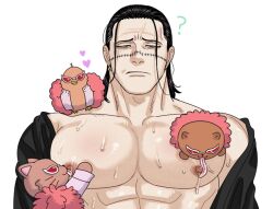 ? animate_inanimate big_pecs black_hair confusion donquixote_doflamingo facial_scar feline gay hair_slicked_back licking long_tongue male male_only mg_cls multiple_persona muscular muscular_male nipple_licking one_piece open_shirt pecs plushie sir_crocodile size_difference sweat upper_body what yaoi