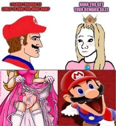 chastity chastity_cage chastity_device cock_cage cum cum_in_diaper diaper diaper_fetish dickgirl funny futa_with_male futanari hornyfudge leaking mario mario_(series) meme princess_peach self_upload stockings upskirt yellow_hair