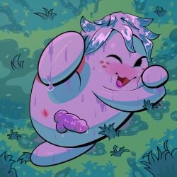 anus chia_(neopets) grass hi_res jumpstart_games male neopet_(species) neopets oddbuffet on_ground one_eye_closed open_mouth open_smile pink_anus plant purple_body smile