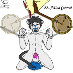 absurd_res anthro balls bodily_fluids bondage bondage bound chastity_cage chastity_device clock cuff_(restraint) cum digital_media_(artwork) dragon drooling duo english_text felid female fur genital_fluids genitals hair handcuffs hi_res lion looking_at_viewer male male/female mammal metal_cuffs mind_break mind_control nude omithefox open_mouth pantherine penis pocketwatch precum restraints saliva simple_background solo submissive submissive_male tail text tongue tongue_out watch white_body white_fur