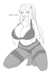 angela_(lobotomy_corporation) arms_behind_back big_breasts bra cleavage gya_rb huge_breasts kneeling lace-trimmed_bra lingerie lobotomy_corporation long_hair monochrome project_moon text thick_thighs