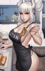 1girls ass breasts chocolate_pancakes cleavage food helltaker kitchen large_breasts lucifer_(helltaker) naked_apron nutella sciamano240 sideboob solo standing tagme white_hair