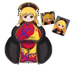 1girls breasts brown_eyes entirebrother fumo_plush gigantic_breasts hat huge_breasts junko_(touhou) long_hair mob_face orange_hair plushie thick_thighs thighs touhou