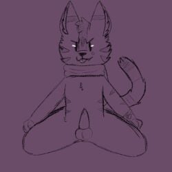 anthro balls black_eyes domestic_cat felid feline felis fur genitals hands_on_legs looking_at_viewer male mammal monochrome mostly_nude ozul penis scarf scarf_only shadowcat_(artist) simple_background sitting solo spread_legs spreading tail tongue tongue_out