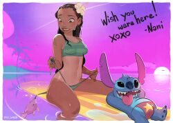 1boy 1girls absurd_res bikini bikini_bottom bikini_top blush bra breasts bulge dark-skinned_female dark_skin disney female fish hi_res lilo_and_stitch male mature_female nani_pelekai navel partially_clothed philtomato small_breasts stitch stitch_(lilo_and_stitch) surfboard tanline thighs thong thong_bikini wardrobe_malfunction water wet wide_hips