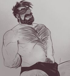 69innord balls beard black_hair blindfold blush boner bulge captain_haddock chest_hair erection erection_under_clothes facial_hair hairy hands_behind_back male male_only monochrome penis solo solo_male the_adventures_of_tintin underwear underwear_only