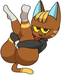 1girls 2d animal_crossing brown_fur fangs feline holding_legs jacket katt katt_(animal_crossing) lying_on_back nintendo no_panties only_player partially_clothed presenting_hindquarters pussy_peek simple_background solo solo_female tail vilepluff yellow_eyes