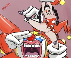 1boy 1girls 2012 armpits black_hair bottomless braids chirol_(rockman_exe) clown clown_girl clussy mega_man mega_man_battle_network panties_around_leg polka_dot pussy size_difference thighs twin_braids yuika_(mega_man_battle_network)