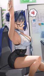 1girls 2023 absurdres alternate_costume archinoer armpits arms_up black_hair black_skirt blue_hair blue_nails breasts chair closed_eyes crop_top cubicle female from_side glasses hair_bun hair_intakes high-waist_skirt highres holding_own_arm hololive hololive_english hololive_english_-council- hololive_english_-promise- lanyard large_breasts light-skinned_female light_skin office office_chair office_lady ouro_kronii paper parted_lips pencil_skirt short_hair side_view sideboob sitting skirt solo spoken_squiggle squiggle sticky_note swivel_chair thighs two-tone_hair virtual_youtuber