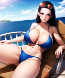 1girls ai_generated big_breasts bikini bikini_top black_hair blue_eyes breasts cleavage clothing curvy curvy_female curvy_figure curvy_hips deep_cleavage detailed female female_focus female_only hand_on_thigh hi_res huge_breasts illumaru island laying laying_on_back long_hair looking_at_viewer navel nico_robin one_piece pirate pirate_ship post-timeskip sea seductive seductive_look seductive_mouth seductive_pose seductive_smile ship sitting slim_waist solo stable_diffusion sun sunbed sunglasses sunglasses_on_head sunlight sweat sweaty_body swimsuit swimwear thick_thighs tinted_eyewear voluptuous voluptuous_female wet wide_hips