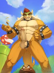 abs absurd_res accessory anthro armband balls bowser cock_ring coin collar elemental_creature erection flora_fauna genitals goomba grin hair hand_on_hip hi_res horn humanoid_genitalia humanoid_penis jewelry koopa looking_at_viewer male male_only mario_(series) muscular muscular_anthro muscular_male nintendo nude pecs penis penis_accessory penis_jewelry piranha_plant plant red_hair reptile satanic_monkey scales scalie smile solo spiked_armband spiked_cock_ring spiked_collar spikes super_mario_bros. warp_pipe yellow_body yellow_scales