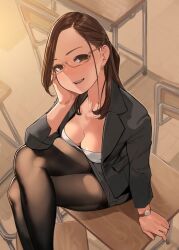 breasts brown_eyes brown_hair classroom cleavage earrings female female_only ganbare_douki-chan glasses legs_crossed looking_at_viewer miru_tights okuzumi_yuiko pantyhose sitting_on_desk skirt teacher thighs watch yomu_(sgt_epper)