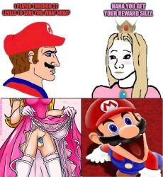 1boy 1futa balls bottomless breasts chastity chastity_cage chastity_device clothed clothing cock_cage cum dickgirl funny futa_focus futanari hornyfudge human leaking light-skinned_futanari light_skin male mario mario_(series) meme mostly_clothed princess_peach self_upload standing stockings upskirt yellow_hair