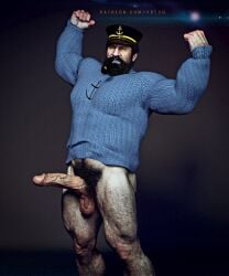 3d 3d_(artwork) balls beard big_penis black_hair boner captain_haddock chest_hair erection facial_hair flexing hairy hat male male_only penis pipe sailor_hat solo solo_male sweater sweater_only the_adventures_of_tintin yolco