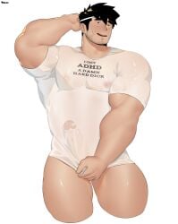 big_butt big_pecs big_penis blush confused confused_look confusion dark_hair dialog dilf embarrassed erect_nipples erect_penis erection gay hard_nipples hard_on male male_only pecs shirt solo sweat sweatdrop sweating tacco tight_clothing turned_on white_background white_shirt